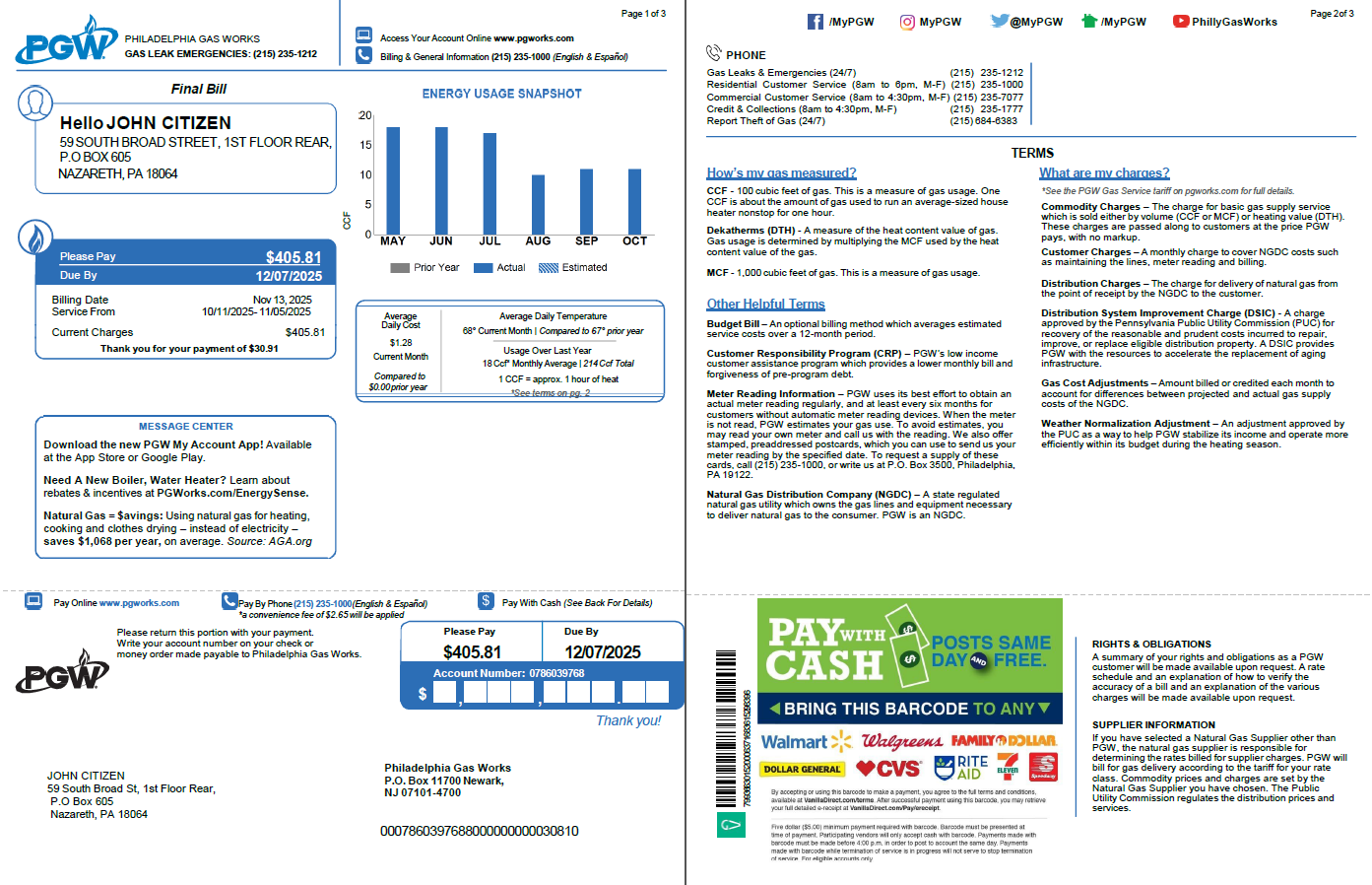 USA Philadelphia Gas Works utility bill template in Word and PDF formats, 3 pages USA Philadelphia Gas Works utility bill template in Word and PDF formats, 3 pages