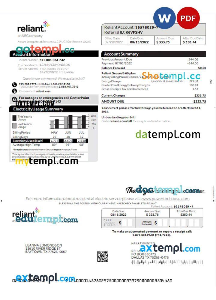 French electricity EDF utility bill download example Word and PDF format, good for address prove