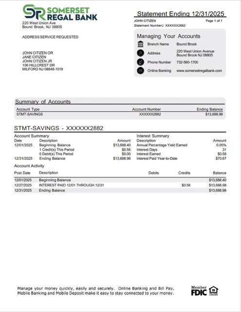 USA Somerset Regal Bank account statement Word and PDF template