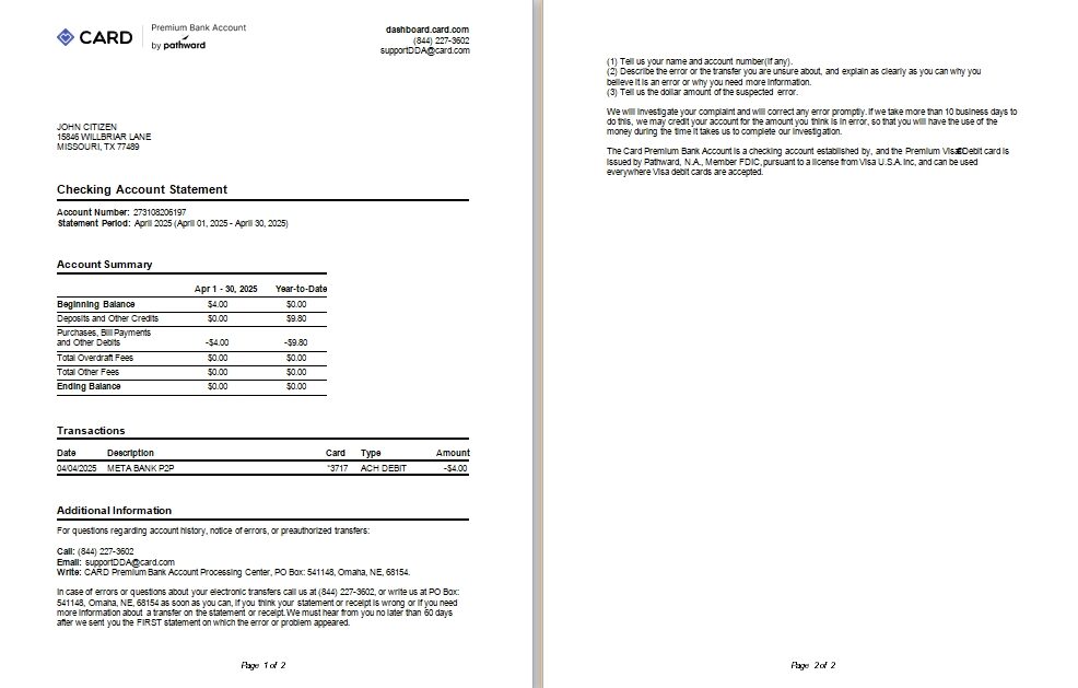 USA TX Card premium bank account statement Word and PDF template
