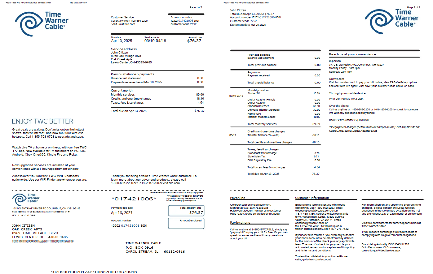 USA Time Warner Cable utility bill template in Word and PDF formats, 2 pages USA Time Warner Cable utility bill template in Word and PDF formats, 2 pages