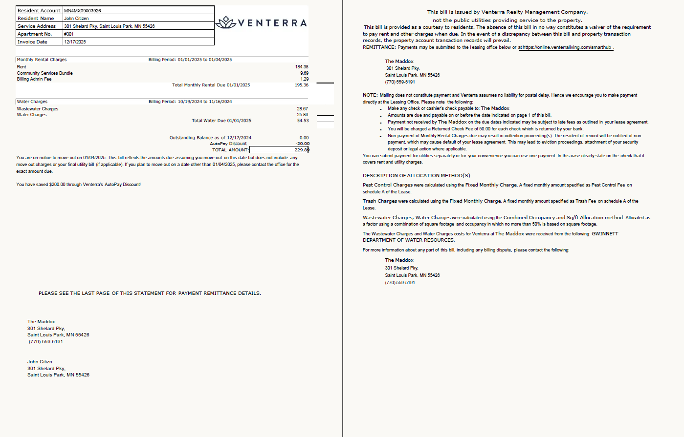 USA Venterra utility bill template in Word and PDF formats, 2 pages USA Venterra utility bill template in Word and PDF formats, 2 pages