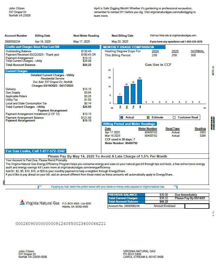 USA Virginia Natural Gas utility bill template in Word and PDF formats USA Virginia Natural Gas utility bill template in Word and PDF formats