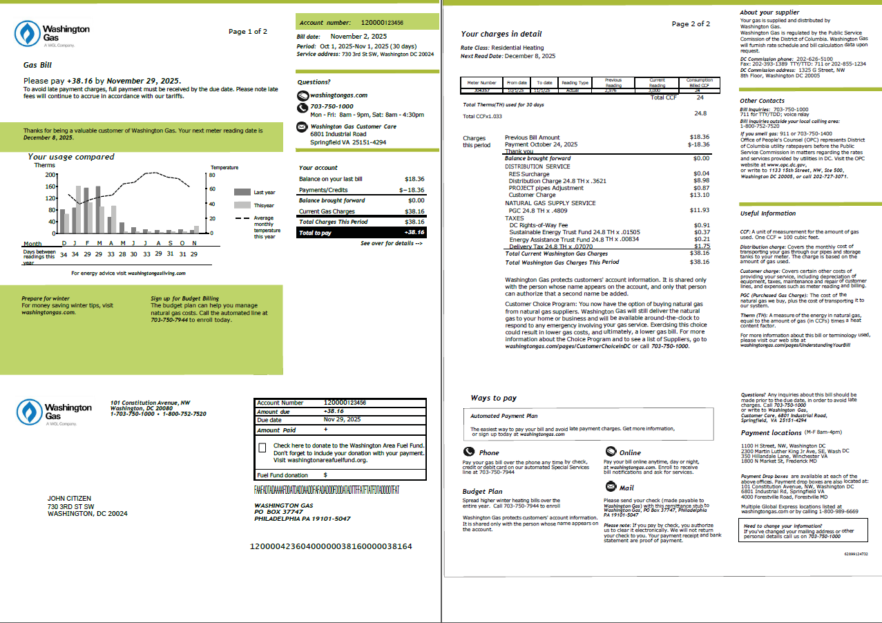 USA Washington Gas utility bill template in Word and PDF formats, 2 pages USA Washington Gas utility bill template in Word and PDF formats, 2 pages