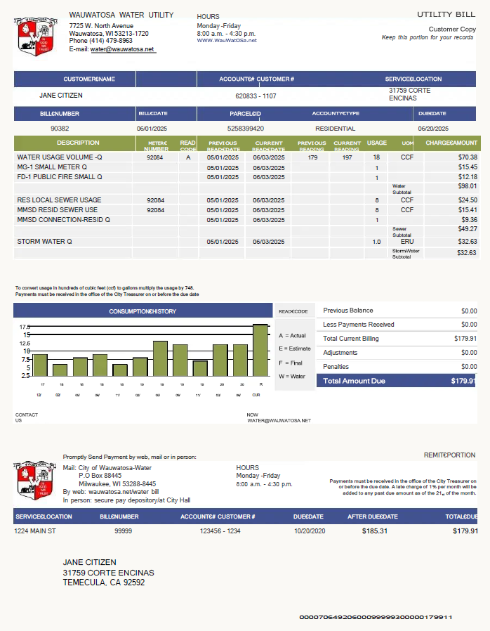 USA Wauwatosa Water utility bill template in Word and PDF formats USA Wauwatosa Water utility bill template in Word and PDF formats