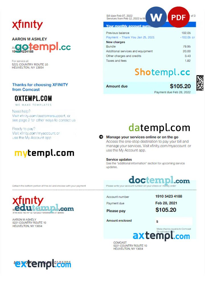 USA Xfinity utility bill download Word and PDF example, 2 pages, version 2