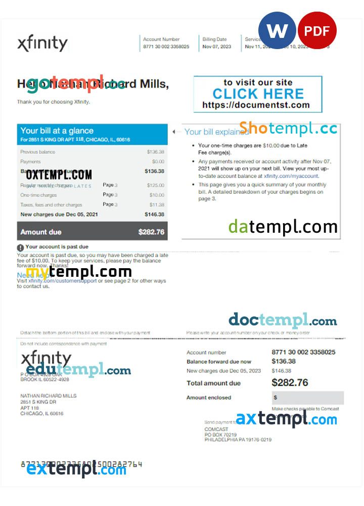 USA Xfinity utility bill download Word and PDF example