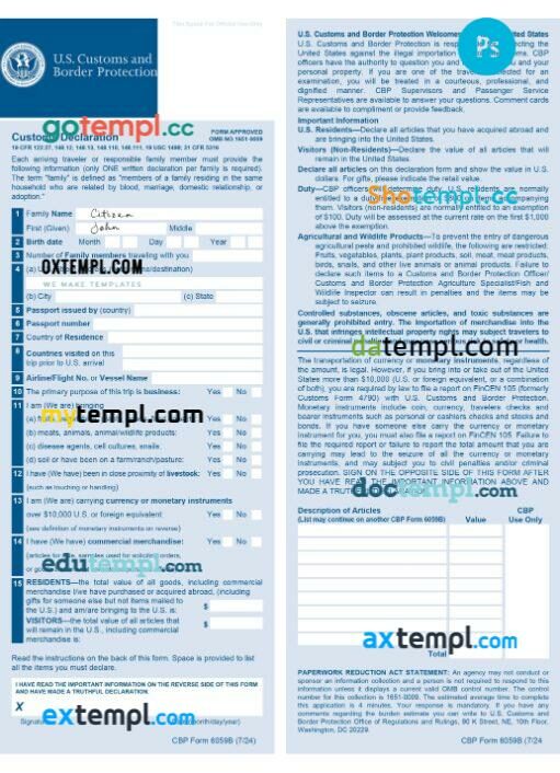 USA arrival card template in PSD format