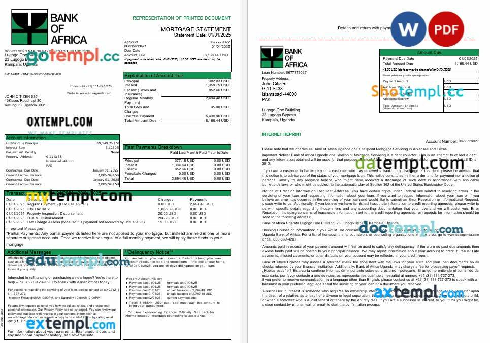 Uganda Bank of Africa mortgage statement in Word and PDF formats, 3 pages