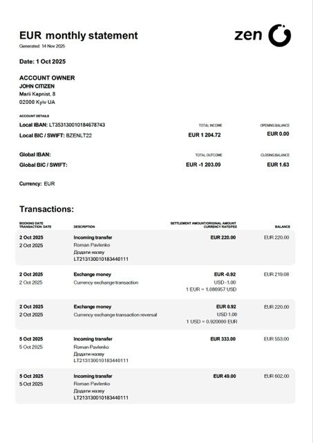 Ukraine ZEN account statement Word and PDF template