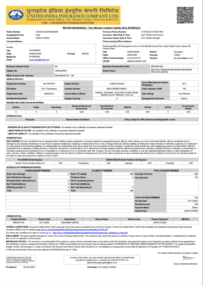 United India Insurance motor insurance – two wheeler limited liability only schedule Word and PDF template