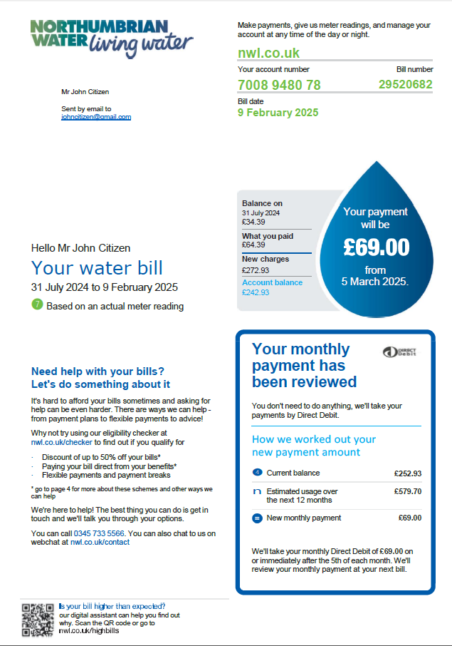 United Kingdom Northumbrian Water utility bill template in Word and PDF formats, version 2 United Kingdom Northumbrian Water utility bill template in Word and PDF formats, version 2