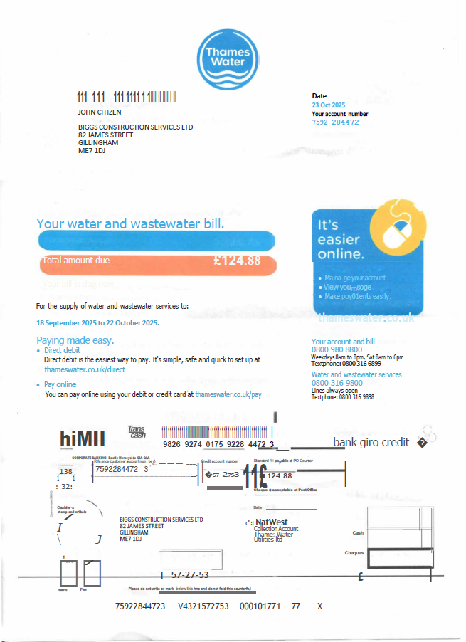 United Kingdom Thames Water utility bill template in Word and PDF formats, version 2 United Kingdom Thames Water utility bill template in Word and PDF formats, version 2
