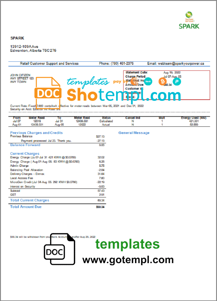 Canadian Alberta Spark utility bill download example in Word and PDF format