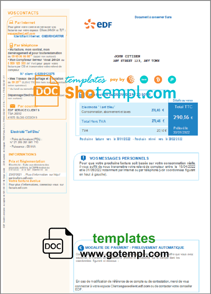 French electricity EDF utility bill download example Word and PDF format, good for address prove