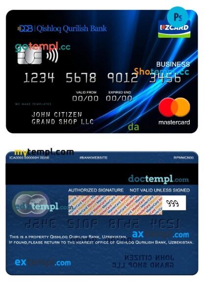 Uzbekistan Qishloq Qurilish Bank business mastercard template in PSD format