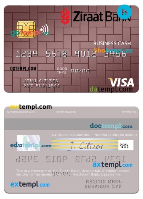 Uzbekistan Ziraat Bank visa business card template in PSD format