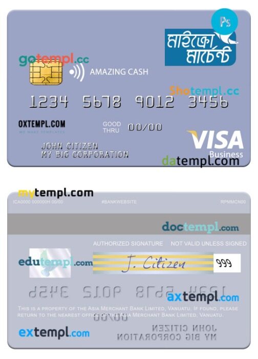 Vanuatu Asia Merchant Bank Limited visa amazing cash business card template in PSD format