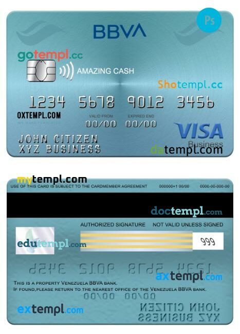Venezuela BBVA bank visa Cash business card template in PSD format