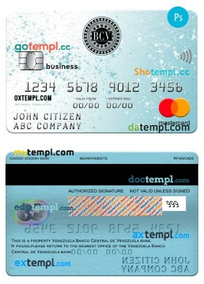 Venezuela Banco Central de Venezuela bank business mastercard template in PSD format