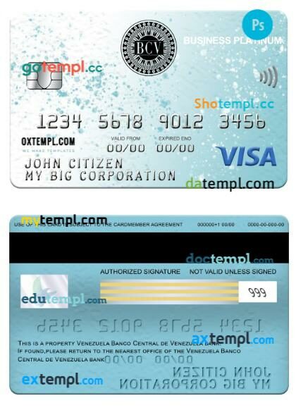Venezuela Banco Central de Venezuela bank business platinum visa card template in PSD format
