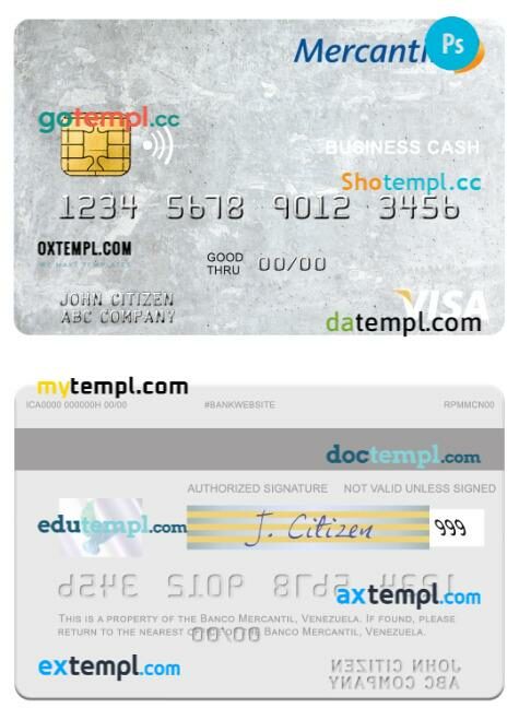 Venezuela Banco Mercantil business cash visa card template in PSD format