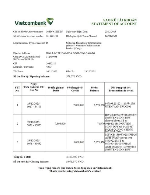 Vietnam Vietcombank statement of account Word and PDF template, version 2