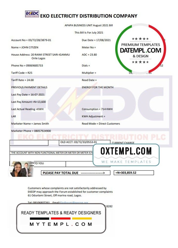 Nigerienia Eko Electricity Distribution Company (EKEDC) utility bill download example in Word and PDF format