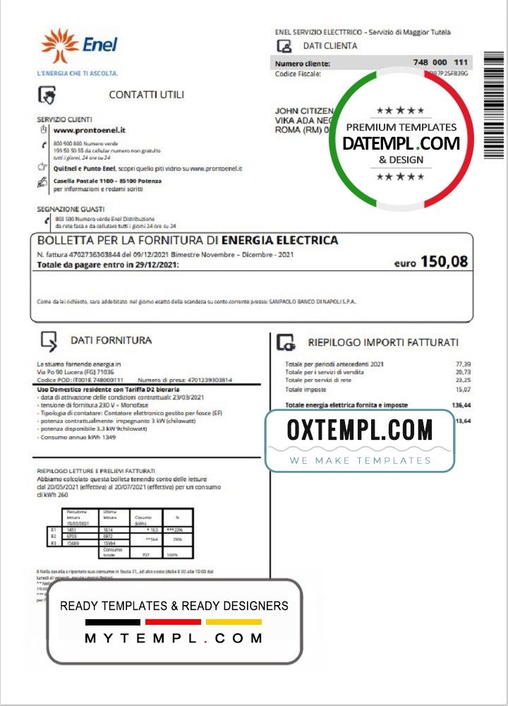 Italian Enel electricity utility bill download example in Word and PDF format