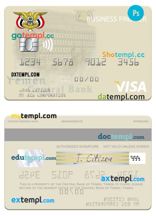 Yemen Central Bank of Yemen visa business premier card template in PSD format