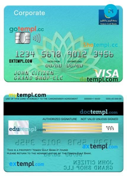 Yemen Gulf Bank visa corporate card template in PSD format