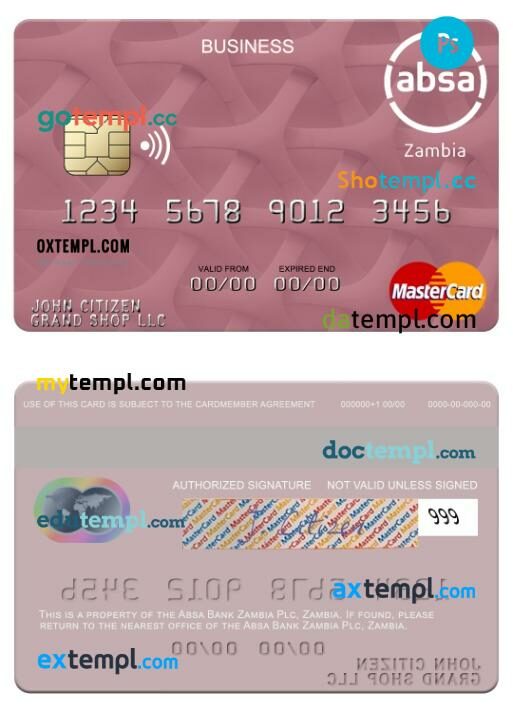 Zambia Absa Bank Zambia Plc business mastercard template in PSD format