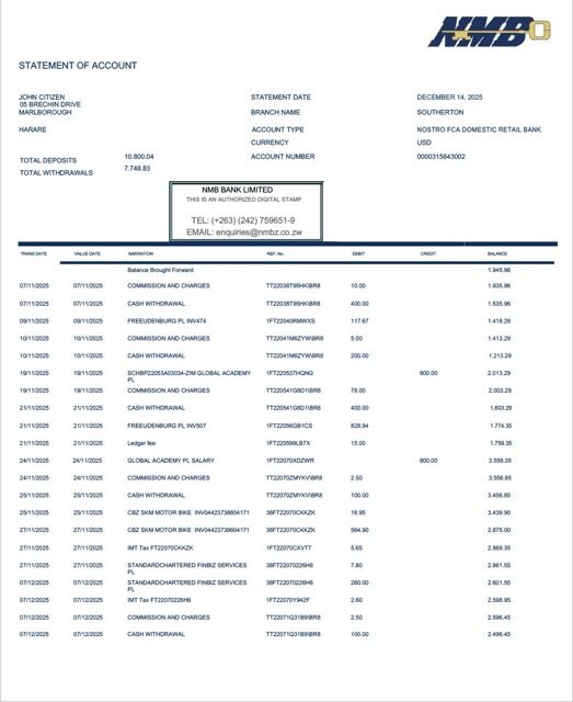 Zimbabwe NMB Bank statement of account Word and PDF template