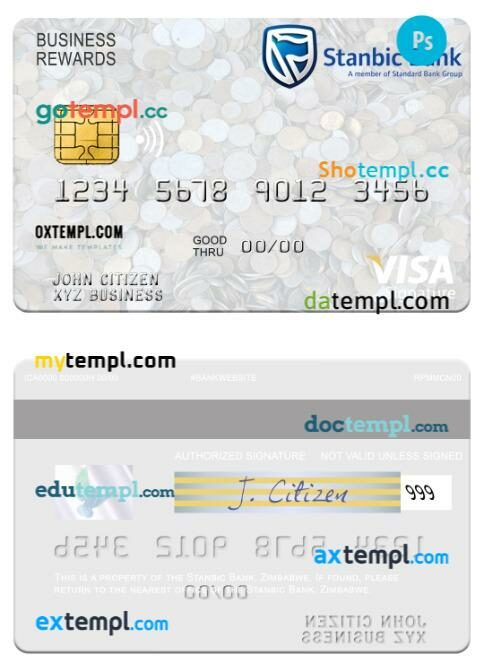 Zimbabwe Stanbic Bank visa business rewards signature card template in PSD format