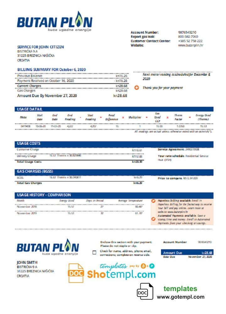 Croatian BUTAN PLIN d.o.o. gas utility bill download example in Word and PDF format