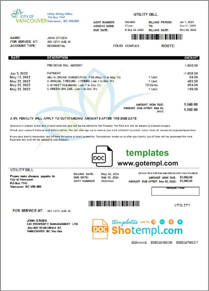 Canadian British Columbia City of Vancouver utility bill download example in Word and PDF format