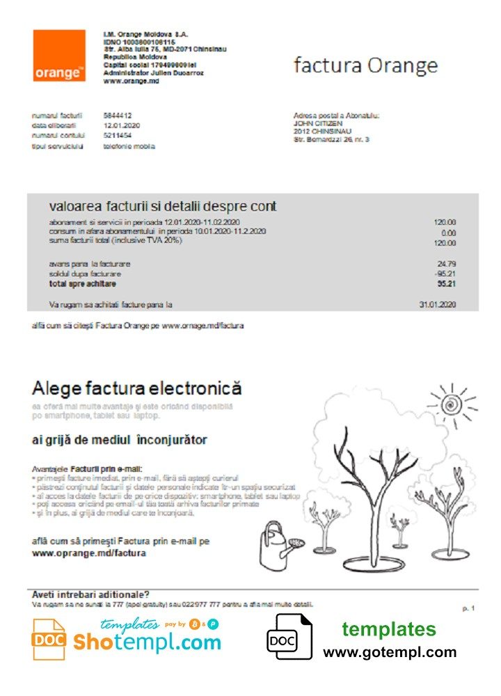 Moldovan Orange Factura utility bill download example in Word and PDF format