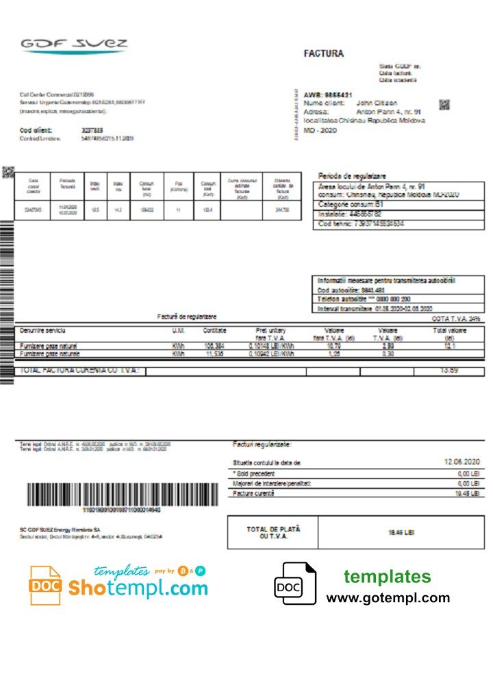 Moldovan Gas utility bill download example in Word and PDF format
