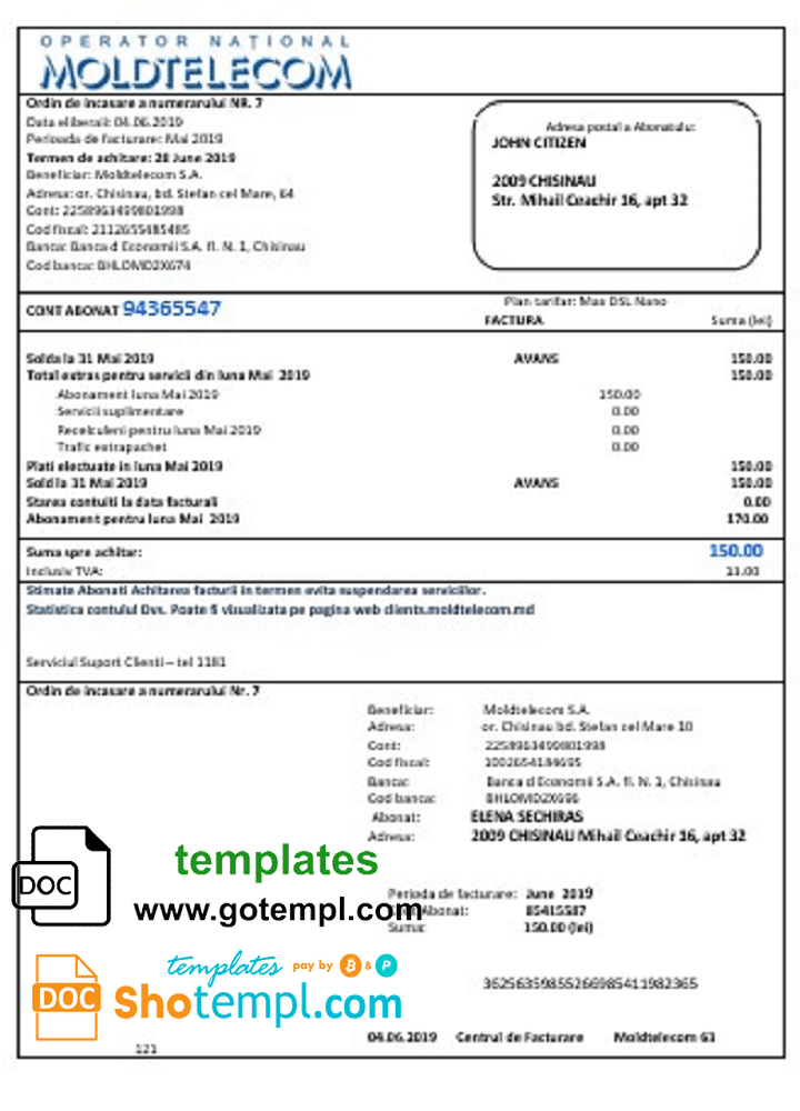 Moldovan Moldtelecom utility bill download example in Word and PDF format, fully editable