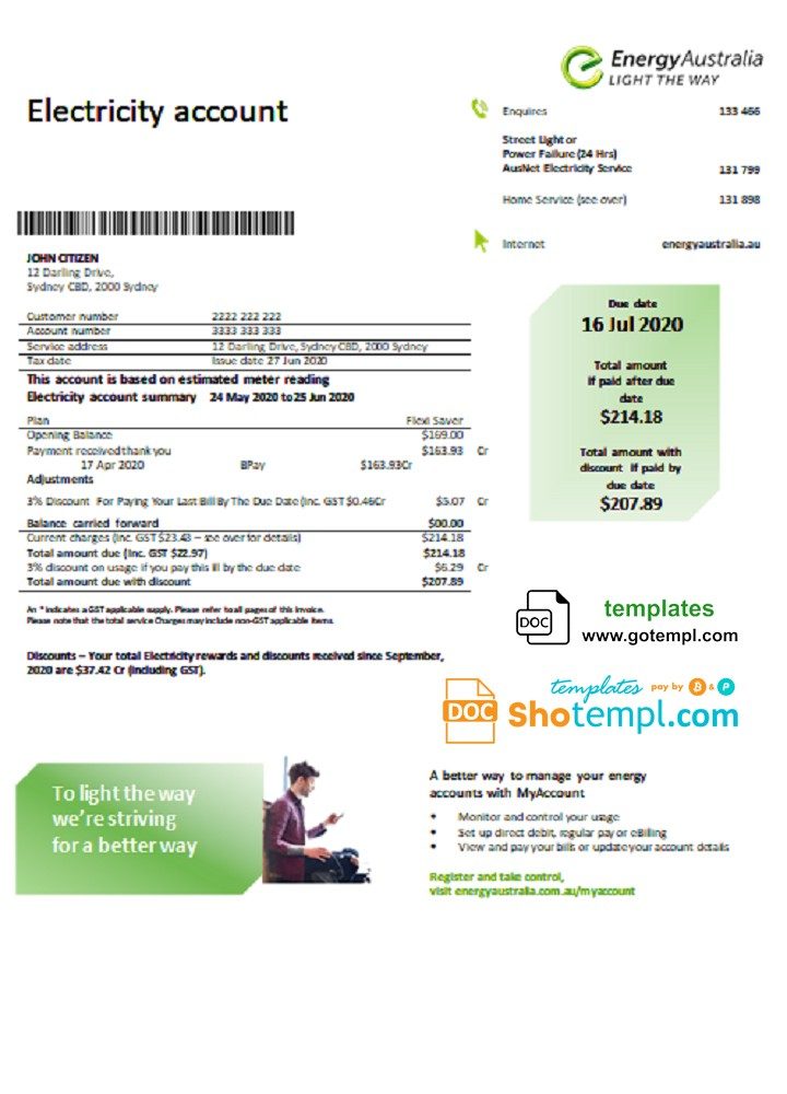 Australia Energy Australian electricity utility bill download example in Word and PDF format
