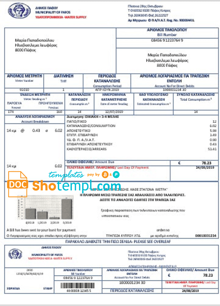 Cypriot water utility bill download example in Word and PDF format, good for address prove