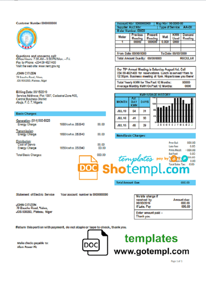 Nigerienia Nigerienian Electricity Regulatory Commission electricity utility bill download example in Word and PDF format