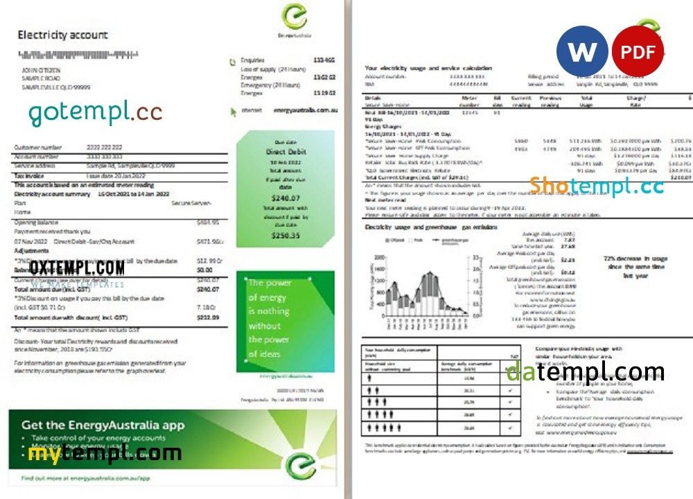 Australia Energy Australian electricity utility bill download example in Word and PDF format, 3 pages