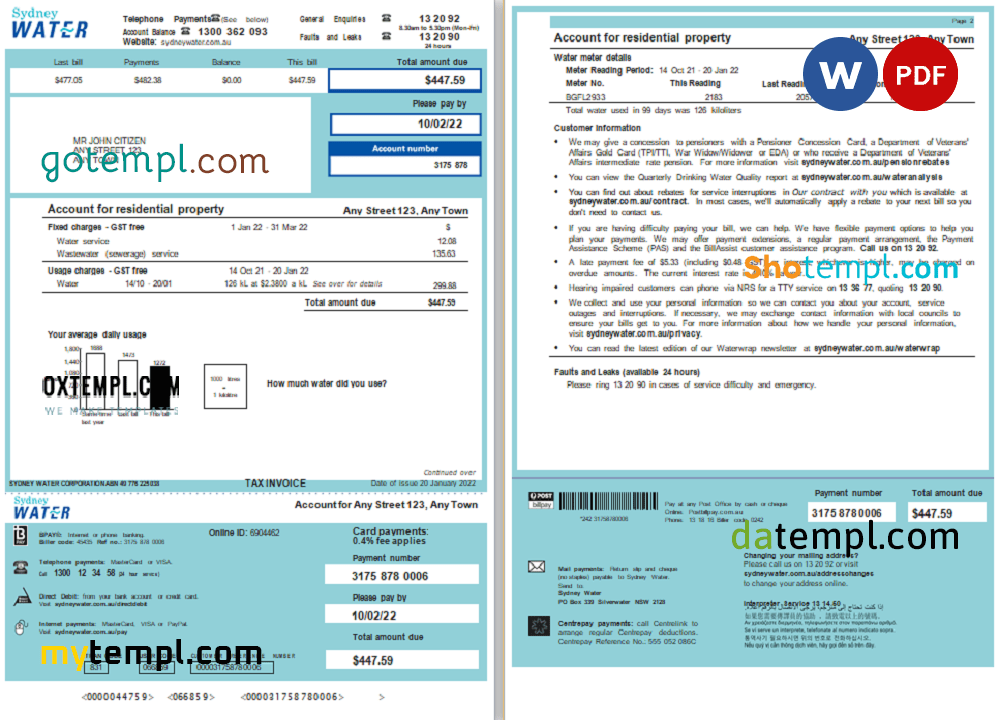 Australia Sydney Water utility bill download, Word and PDF example, 2 pages