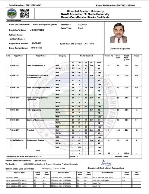 Himachal Pradesh University marks certificate Word and PDF template Himachal Pradesh University marks certificate Word and PDF template