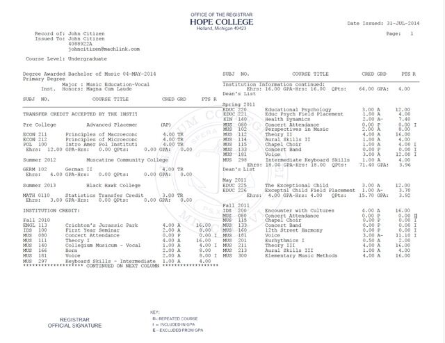 Hope College official academic transcript Word and PDF template, 2 pages Hope College official academic transcript Word and PDF template, 2 pages