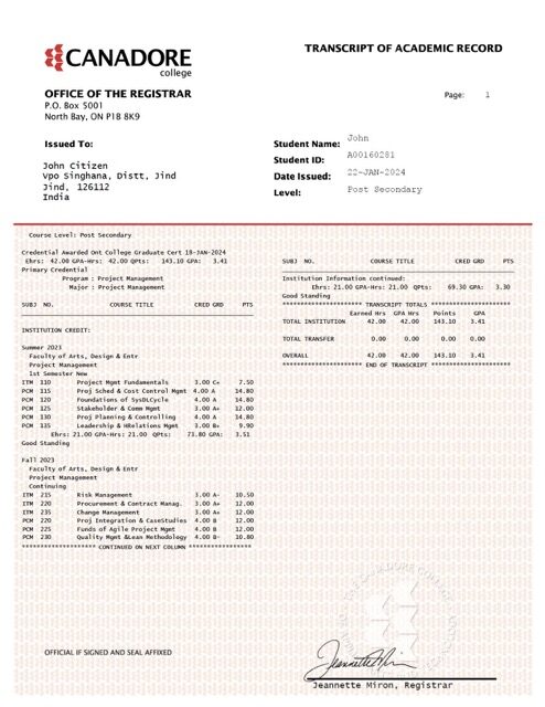India Canadore College transcript of academic record Word and PDF template India Canadore College transcript of academic record Word and PDF template