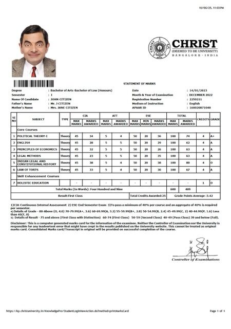 India Christ University statement of marks Word and PDF template India Christ University statement of marks Word and PDF template