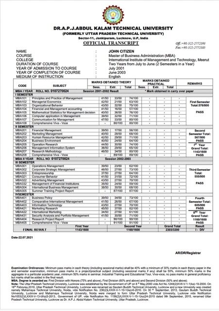 India Dr. A. P. J. Abdul Kalam Technical University official transcript Word and PDF template India Dr. A. P. J. Abdul Kalam Technical University official transcript Word and PDF template