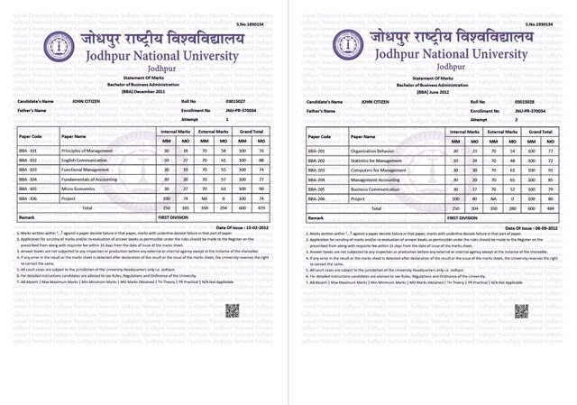 Jodhpur National University statement of marks Word and PDF template, 6 pages Jodhpur National University statement of marks Word and PDF template, 6 pages